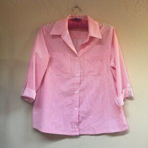 Bleu Bayou Casual Wear Womens Large Pink Striped Button-Down Top Roll Tab Sleeve